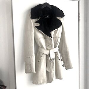 RB Rocco Barocco White Leather Coat w Faux Sherpa